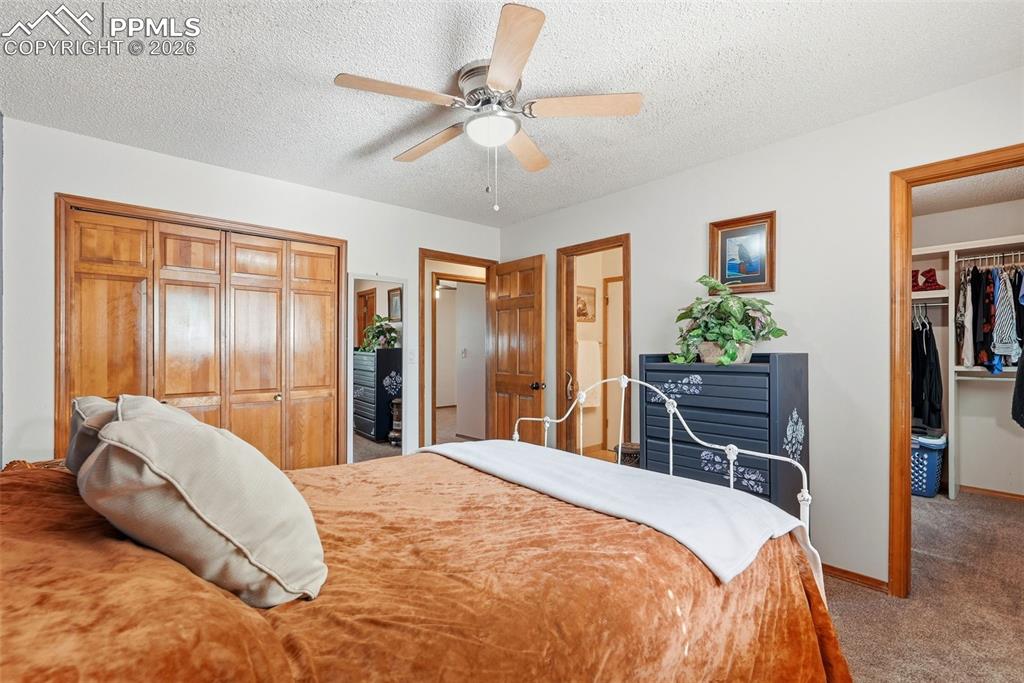 Image 25 of 50: Carpet, Ceiling Fan, Walk In Closet, Bathroom Access, Wood Doors And Closet