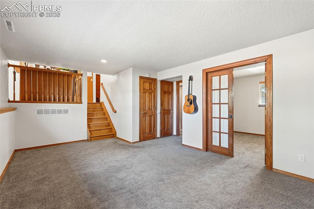 Image 34 of 50: Lower Level, Carpet, Stone Fireplace, French Doors To Office, Entrance To L