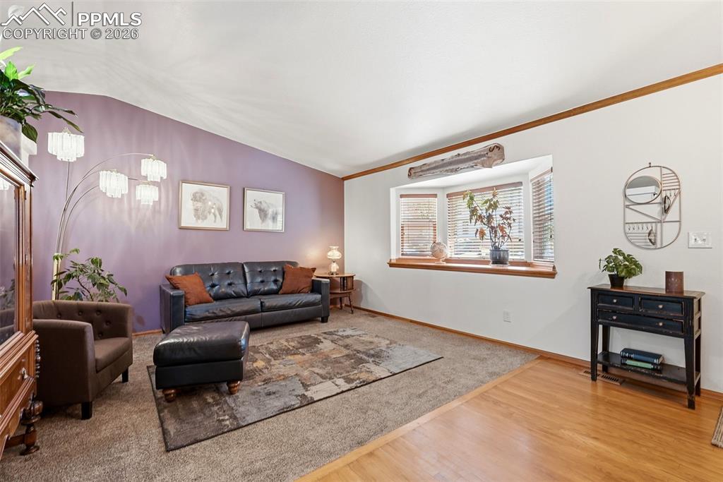 Image 8 of 50: Wood Floors, Vaulted Ceiling, Bay Window, Carpet, Built-Ins, Coat Closet