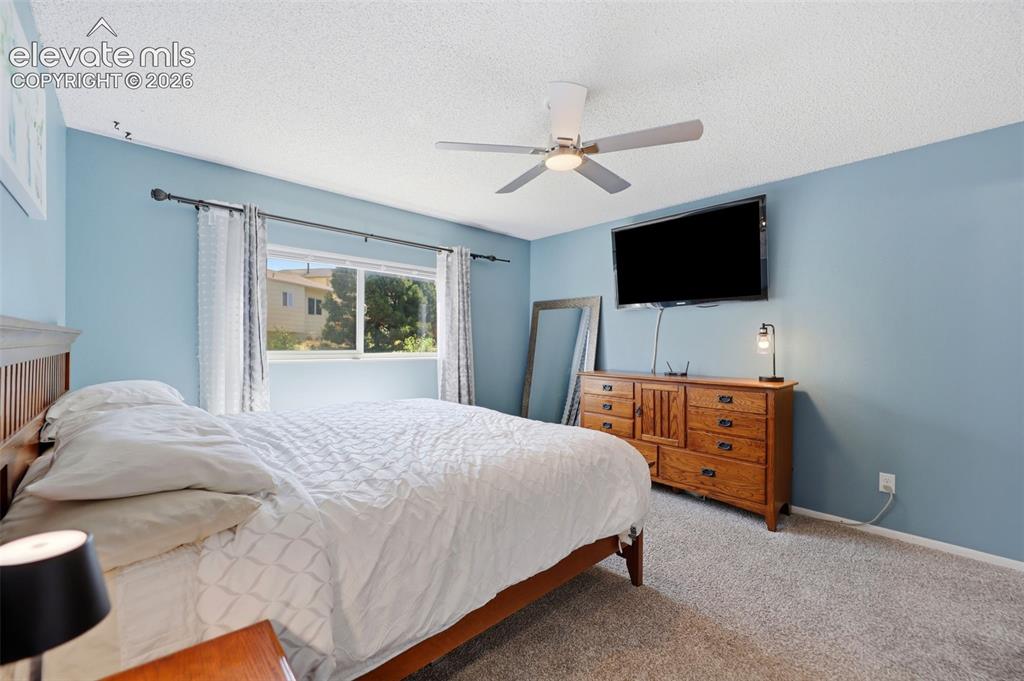 Image 17 of 37: Carpeted bedroom with a window featuring white horizontal blinds and a dark