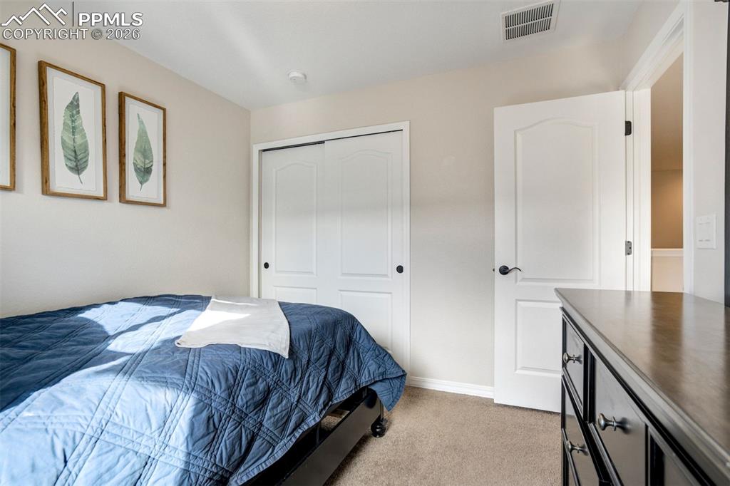 Image 33 of 48: Bedroom with light colored carpet and a closet.