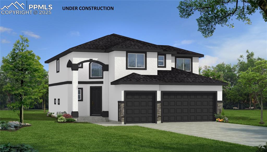 Caption: View of front facade with a garage, stone siding, a front yard, stucco siding, and a shingled roof