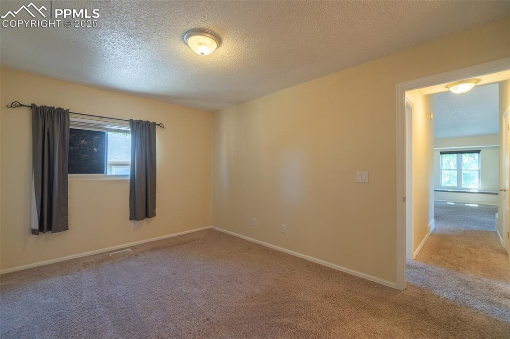 Image 17 of 42: Master bedroom featuring a textured ceiling and carpet