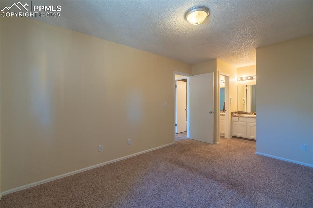 Image 19 of 42: Master bedroom featuring dark colored carpet, a textured ceiling, and ensui