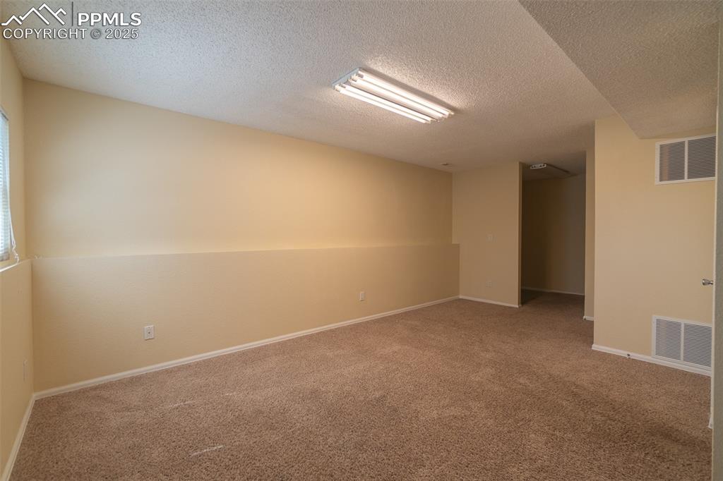 Image 24 of 42: Family room finished with carpet flooring and a textured ceiling