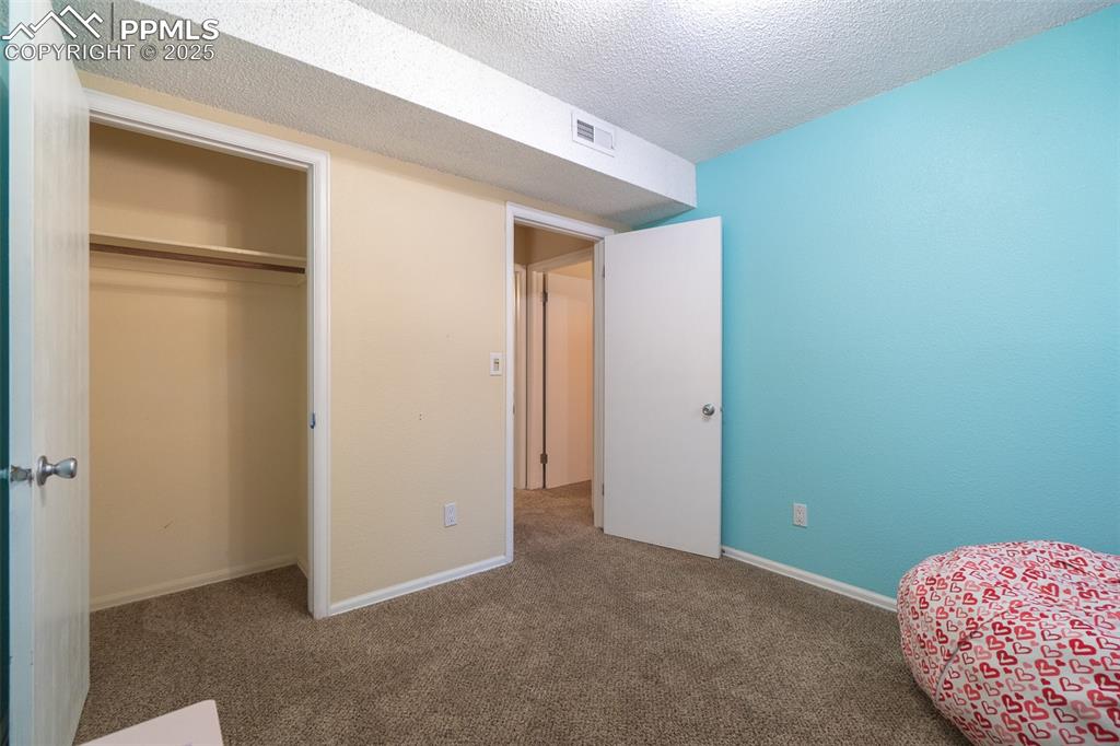 Image 28 of 42: Lower level bedroom with carpet, a textured ceiling, and a closet