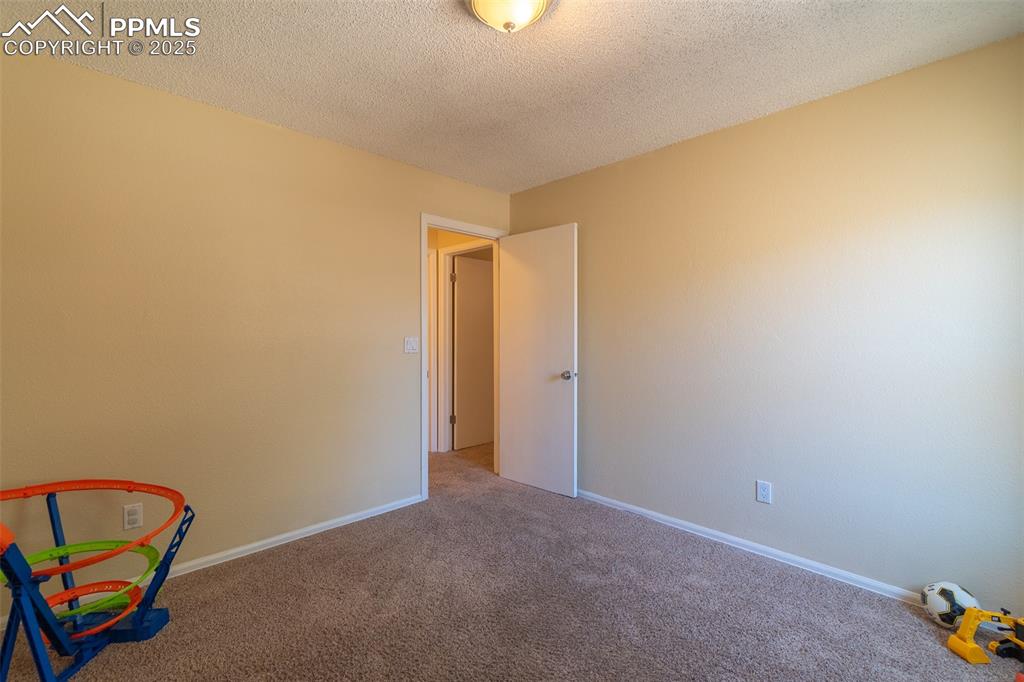 Image 29 of 42: Lower level bedroom with a textured ceiling and carpet floors