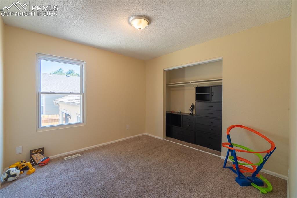 Image 30 of 42: Lower level bedroom featuring a textured ceiling and carpet floors