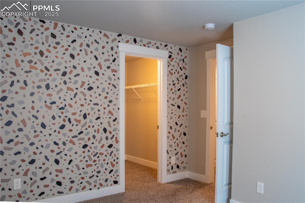 Image 29 of 30: Unfurnished bedroom with light colored carpet and a walk in closet