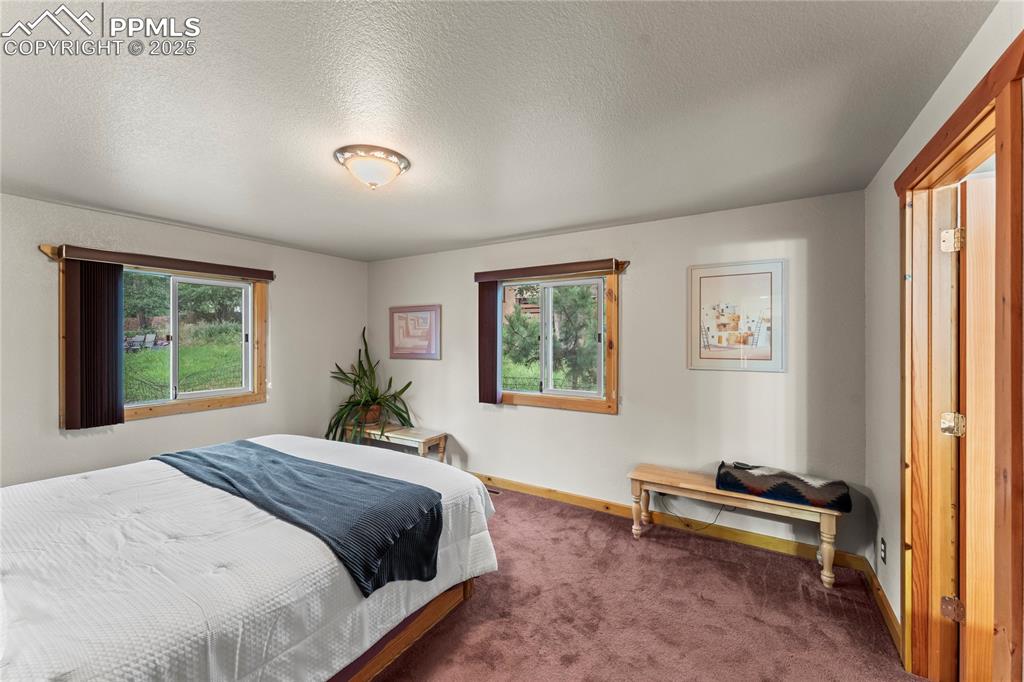 Image 34 of 42: Carpeted bedroom with multiple windows and a textured ceiling