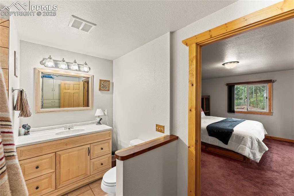 Image 35 of 42: Ensuite bathroom featuring a textured ceiling and vanity