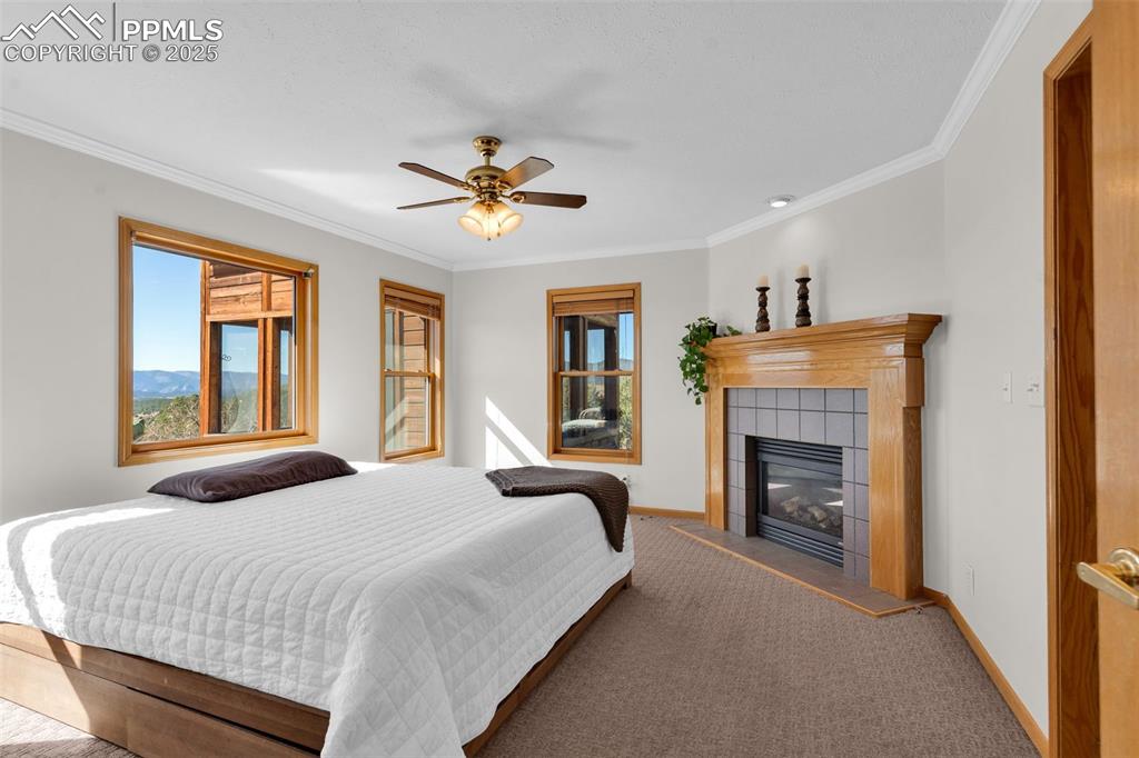 Image 18 of 50: Bedroom with ornamental molding, carpet floors, a tiled fireplace, and ceil
