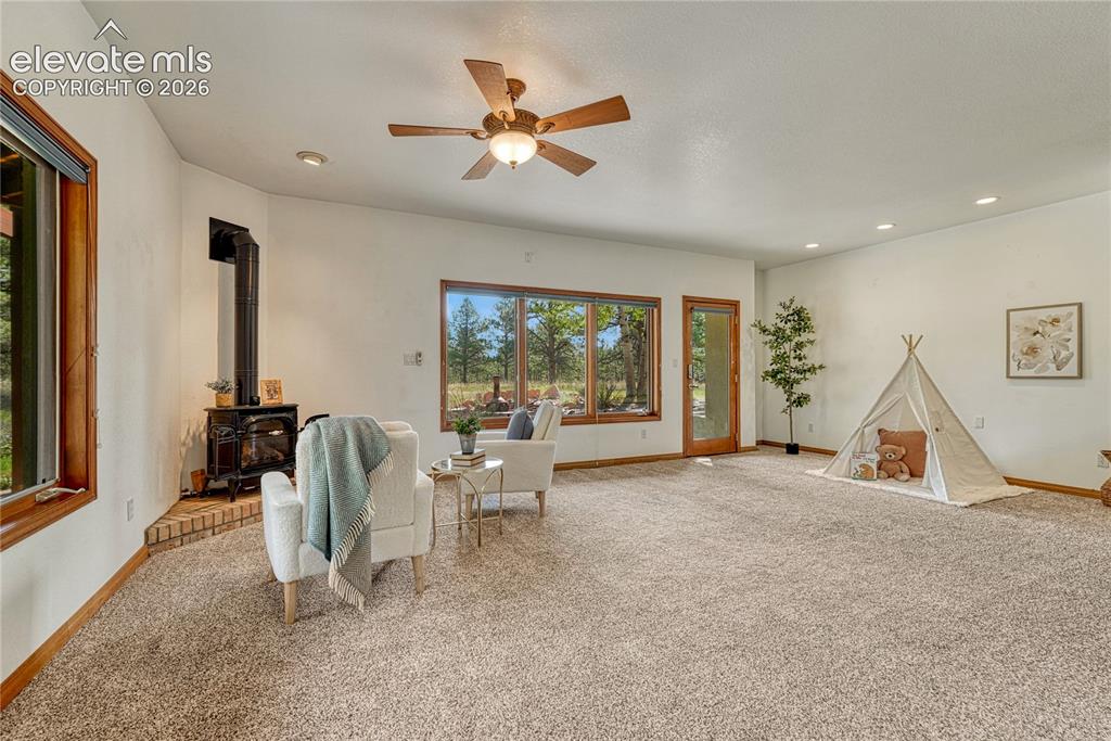 Image 7 of 50: Walk-out lower level rec room with gas fireplace.