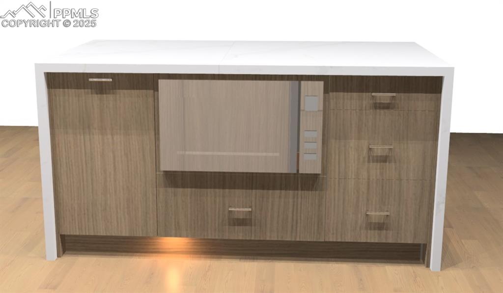 Image 12 of 50: Luxurious waterfall island features cascading quartz