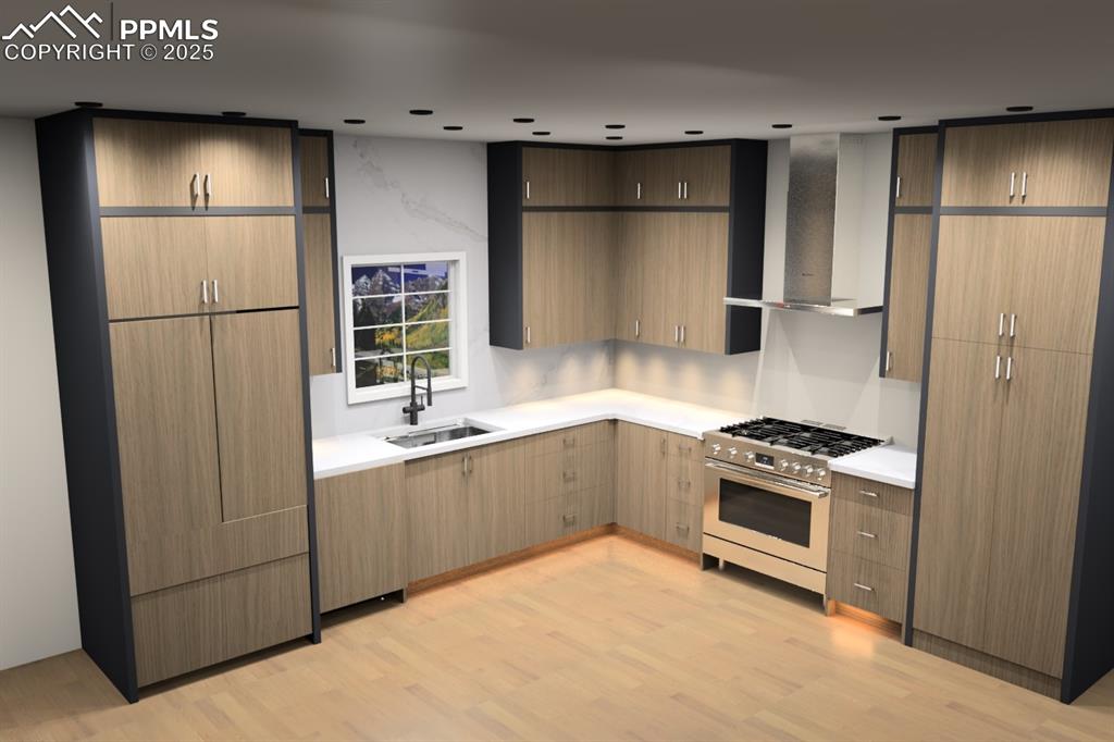 Image 13 of 50: Custom full tile backsplash accentuates the kitchen along with 36” gas rang