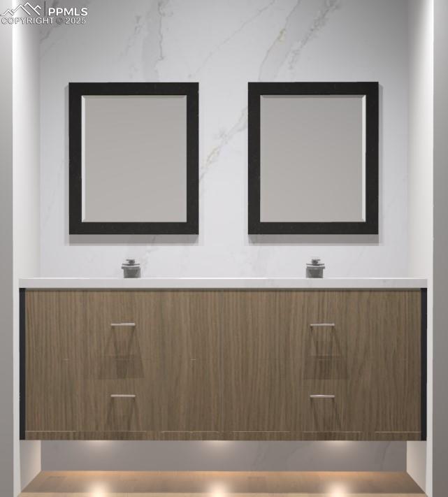 Image 27 of 50: Floating cabinetry and double vanity