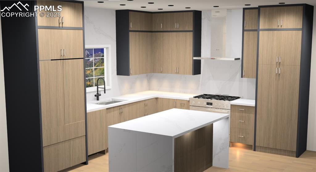 Image 9 of 50: Belmont Fusion frameless cabinets with contrasting side panels