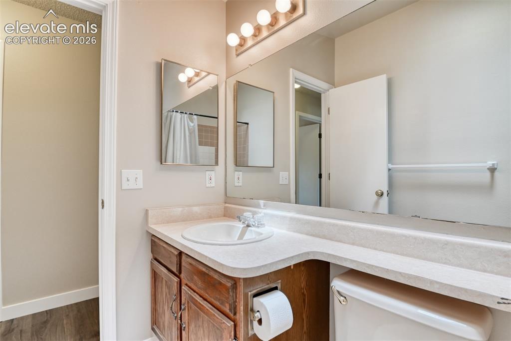 Image 33 of 50: Bathroom vanity featuring a single basin, laminate countertop, and wood-fin