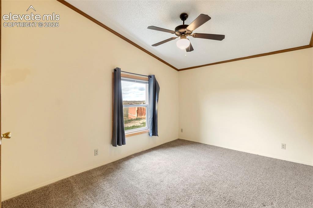 Image 24 of 38: Carpeted room featuring a single window, a ceiling fan with integrated ligh
