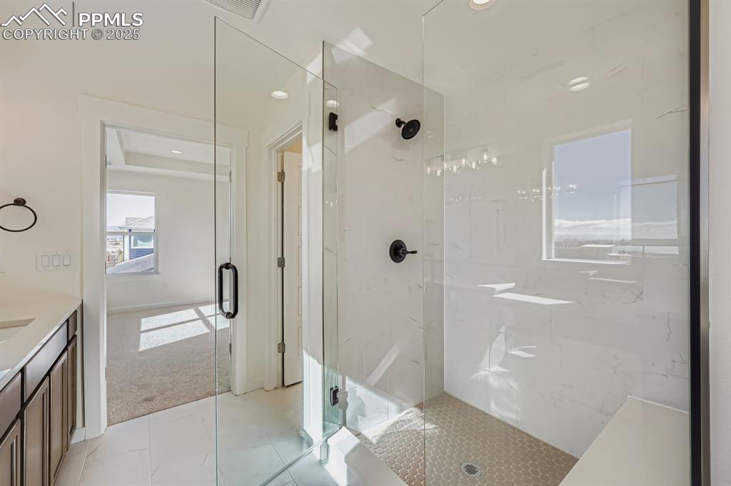 Image 15 of 28: Bathroom with vanity, a marble finish shower, light colored carpet, and rec