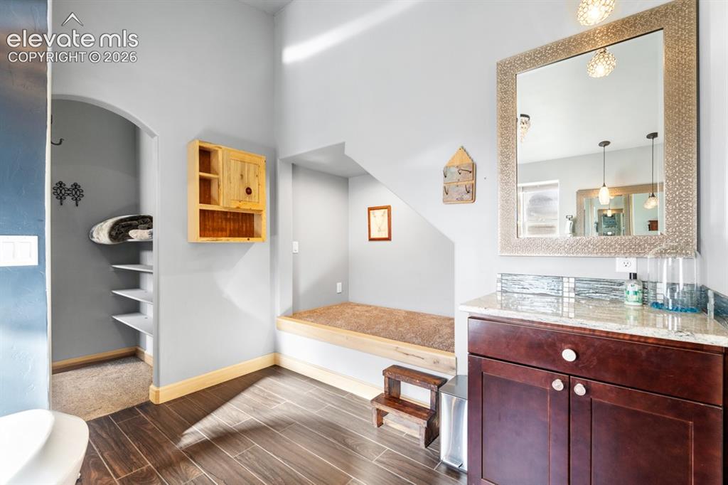 Image 34 of 50: Wood-finish flooring, built-in shelving, arched doorway, vanity with stone 