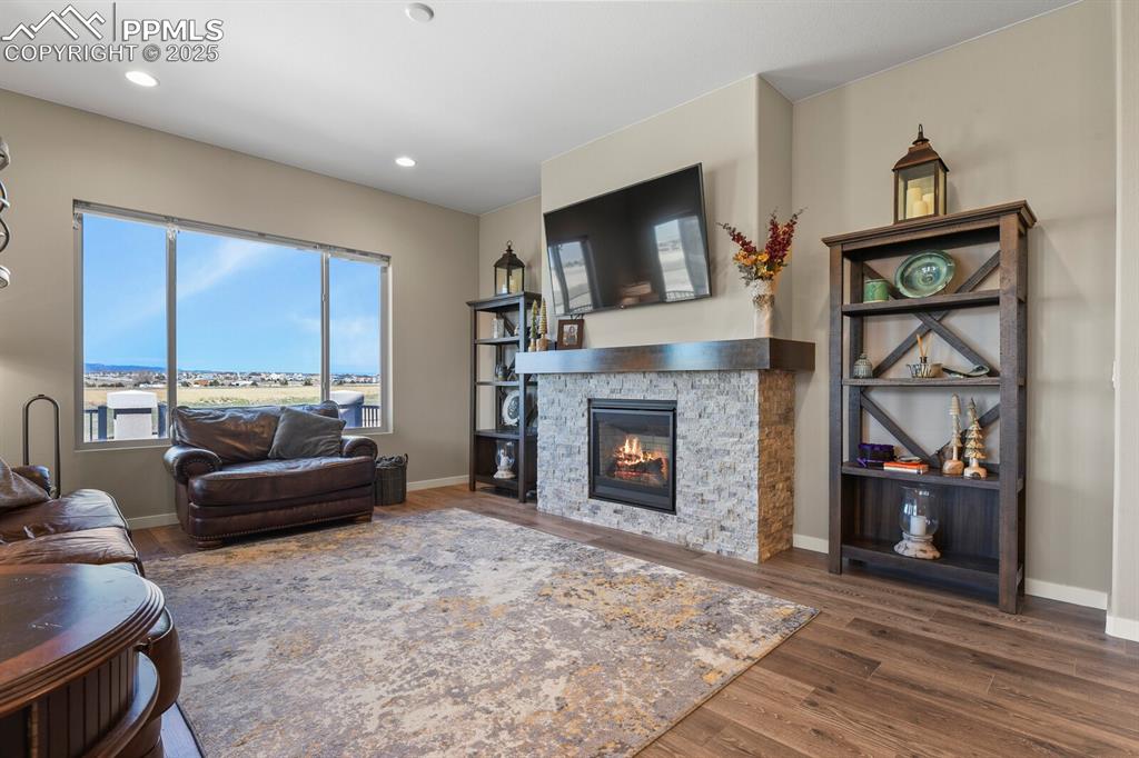 Image 9 of 50: Living area featuring dark wood-type flooring, a stone fireplace, and reces