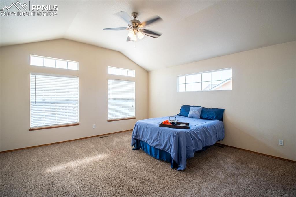 Image 14 of 37: The master bedroom offers vaulted ceilings and an abundance of nat