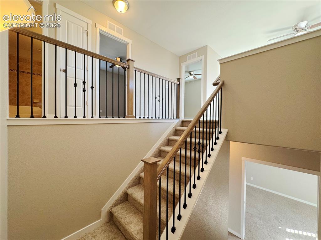 Image 17 of 42: Staircase featuring neutral carpeting, a wooden handrail, and decorative bl