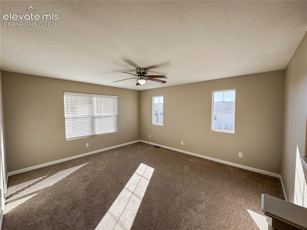 Image 20 of 42: Neutral-toned interior featuring wall-to-wall carpeting, three windows with