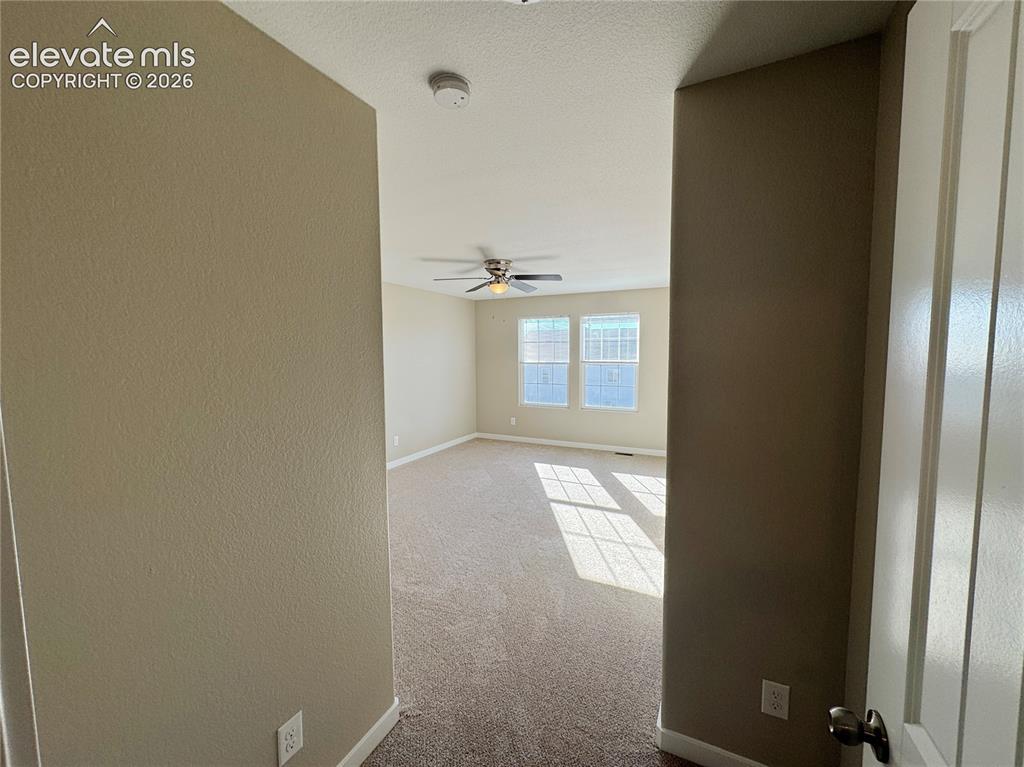 Image 29 of 42: Neutral wall-to-wall carpeting, ceiling fan with light fixture, and dual wi