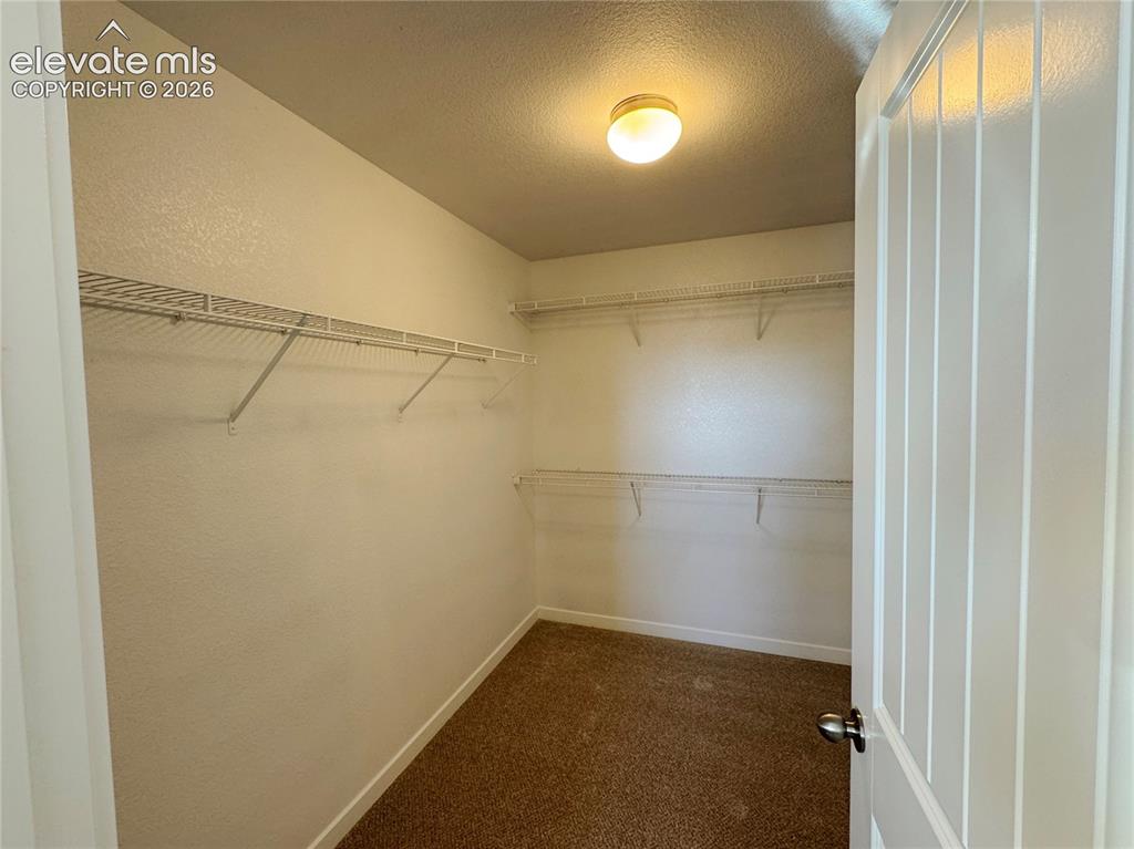 Image 34 of 42: Walk-in storage space featuring carpeted flooring, tiered wire shelving, an