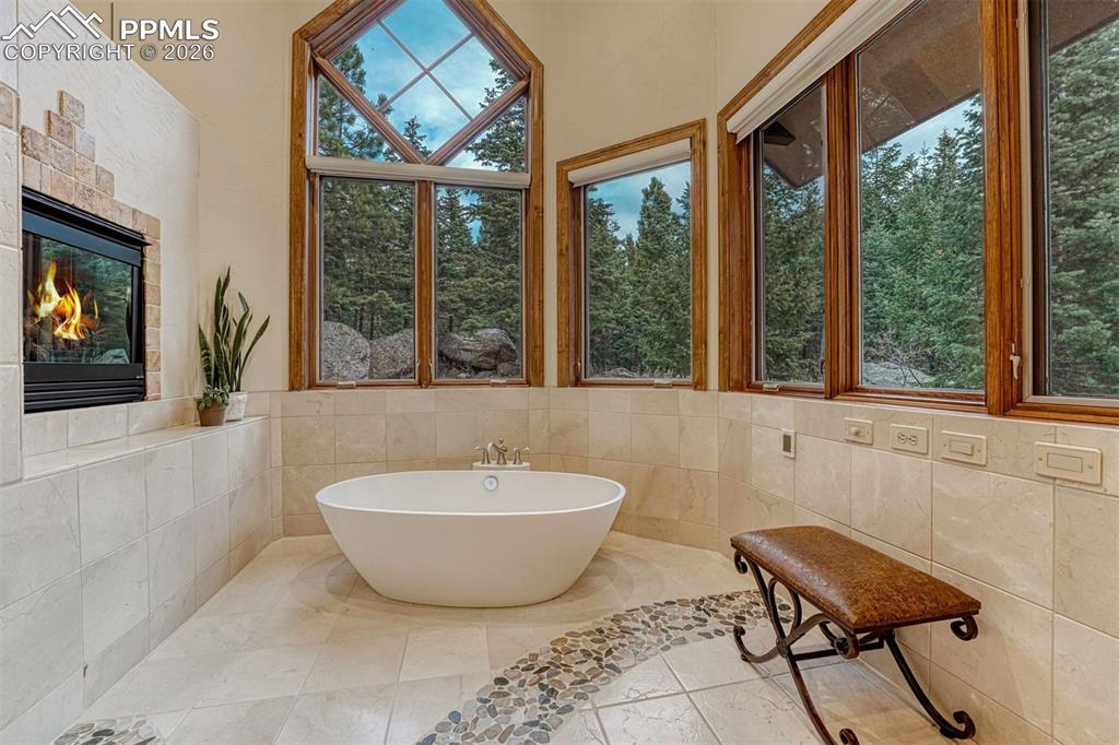 Image 7 of 50: Spa inspired bath with soaking tub and tranquil natural views.