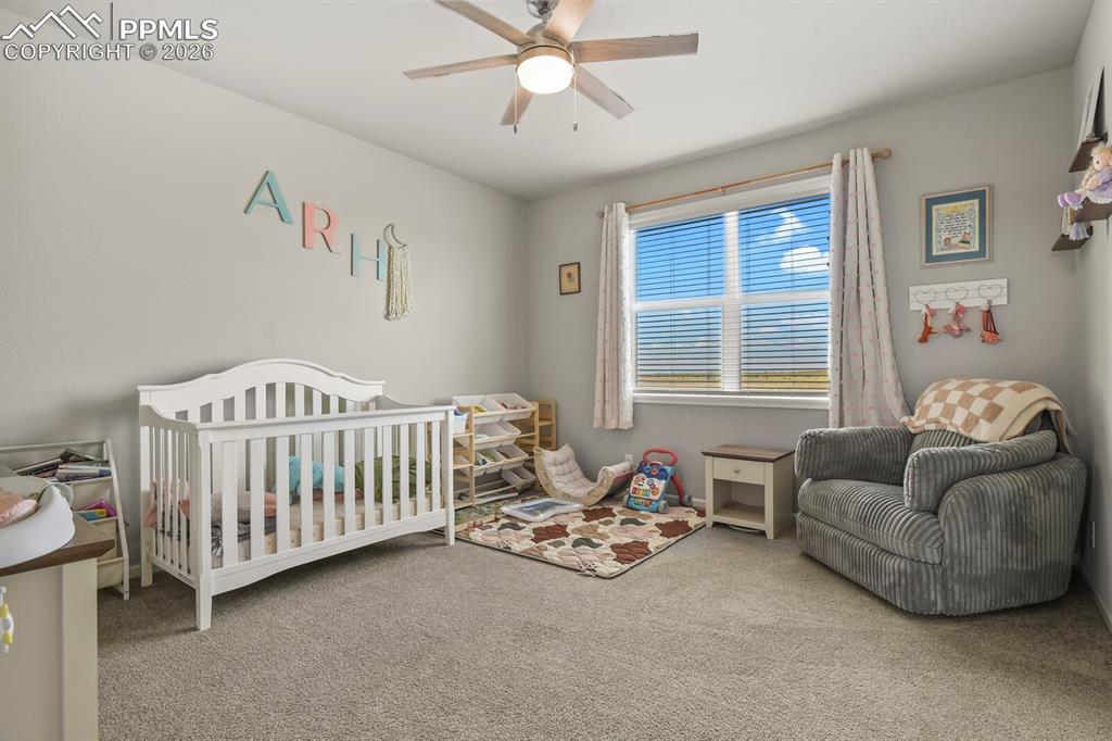 Image 25 of 48: Carpeted room featuring a ceiling fan with light fixture, a large window wi