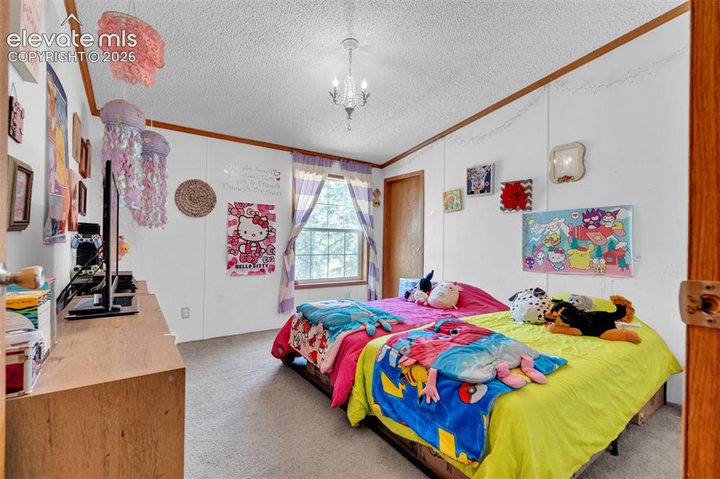 Image 24 of 36: Carpeted bedroom featuring a central window, white walls with wood trim, a