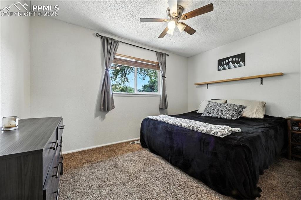 Image 16 of 43: Carpeted main level Primary Bedroom with a lighted ceiling fan, and window 