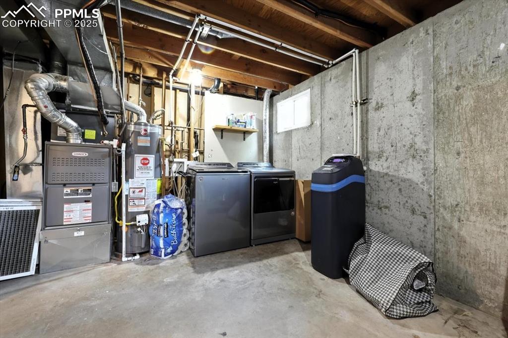 Image 35 of 43: Utility Room with water heater, a water softener system, and heating unit