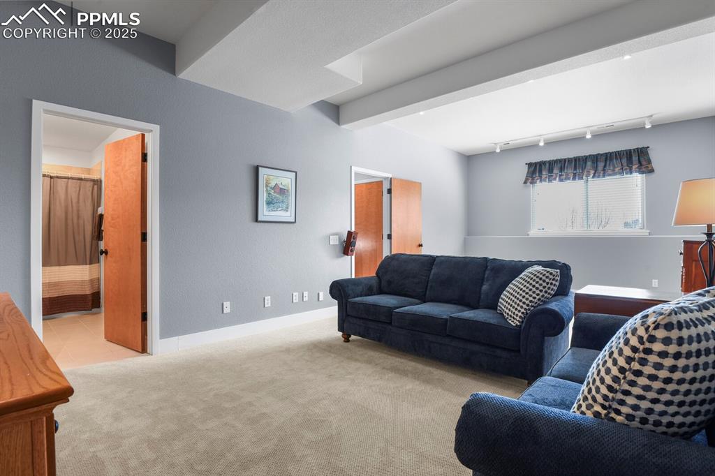 Image 24 of 41: Living room featuring carpet flooring, rail lighting, baseboards, and beame