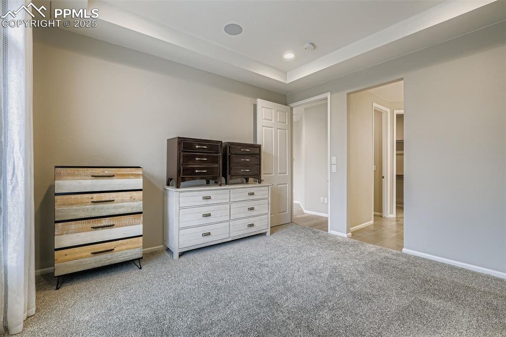 Image 13 of 28: Bedroom featuring light colored carpet and a raised ceiling