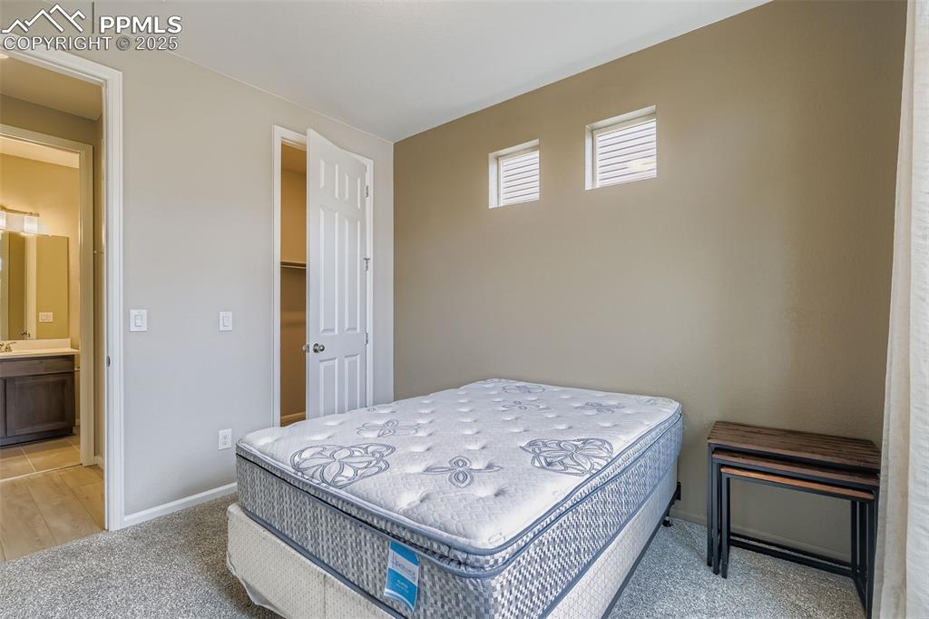 Image 19 of 28: Bedroom with light colored carpet, a walk in closet, and connected bathroom