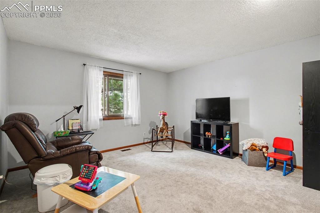 Image 16 of 34: Carpeted living room with a textured ceiling and baseboards