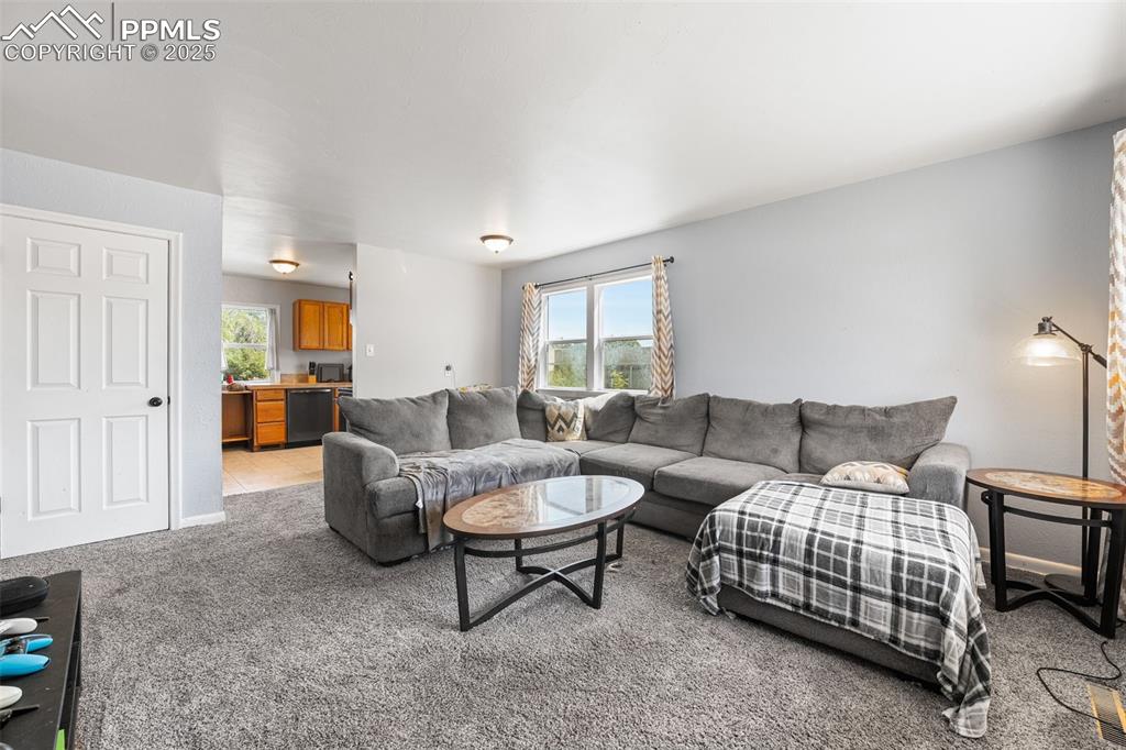 Image 2 of 24: Living room featuring light carpet