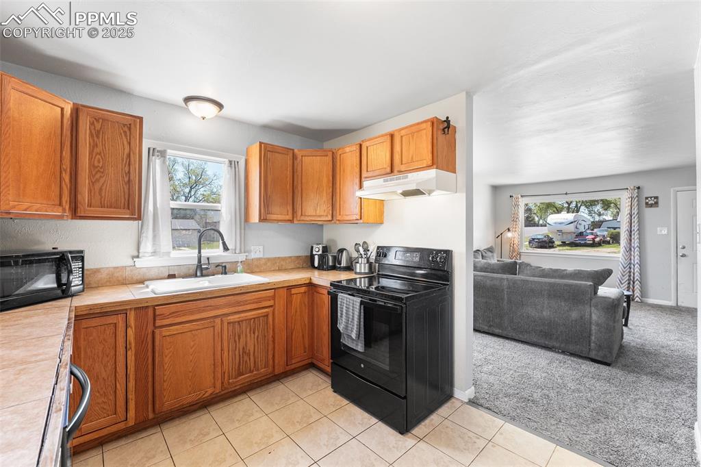 Image 6 of 24: Kitchen featuring black appliances, a sink, under cabinet range hood, and p