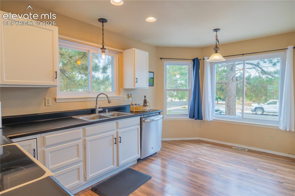 Image 4 of 42: Kitchen featuring wood-finish flooring, white cabinetry, a double basin sin