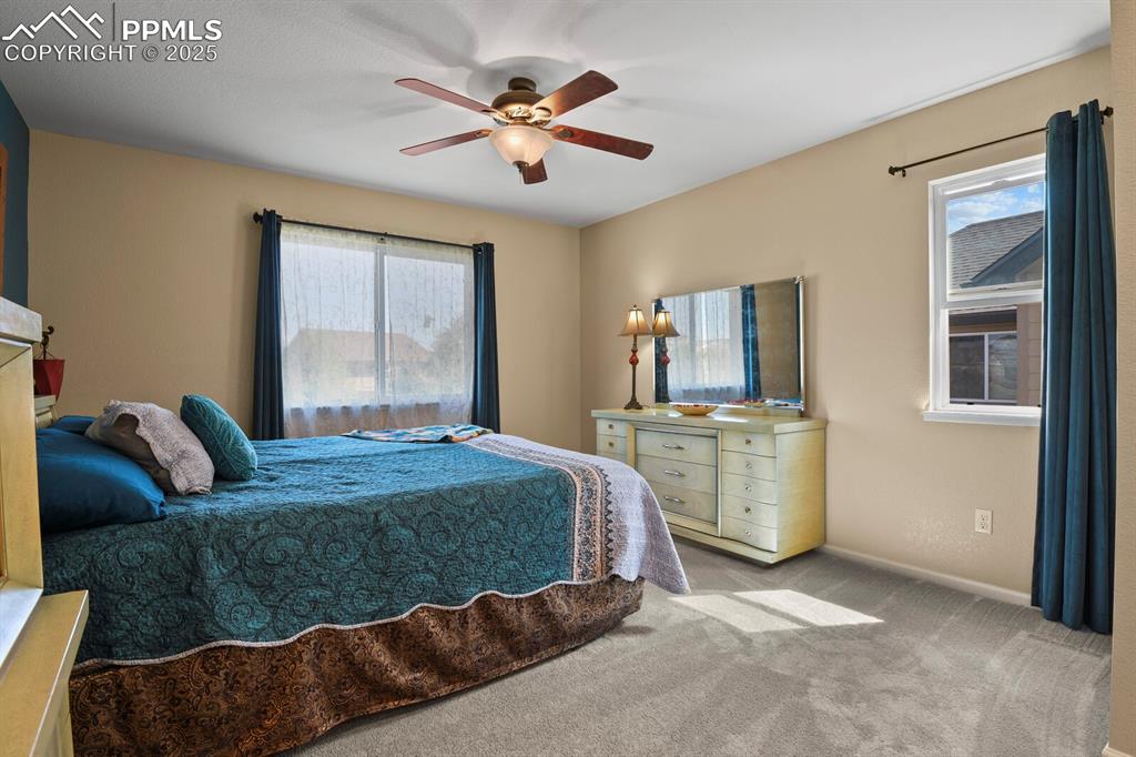Image 23 of 49: Carpeted main featuring ceiling fan