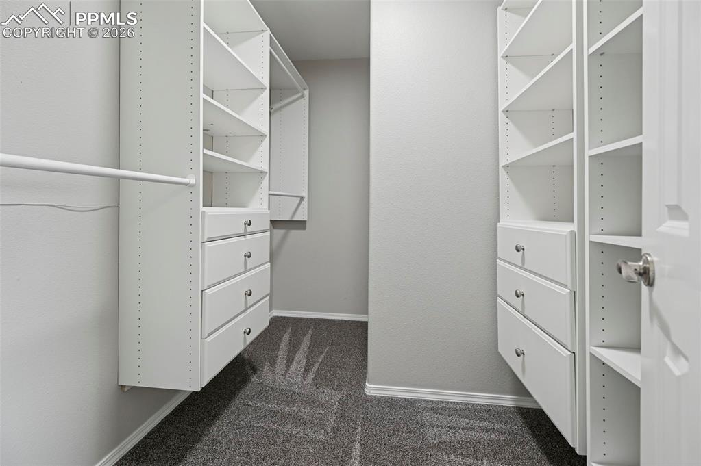 Image 19 of 49: Primary bedroom walk-in closet with custom built-in shelving unit