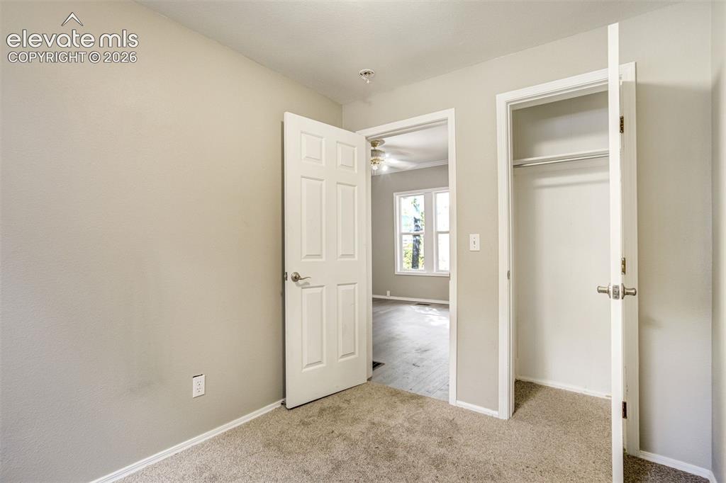 Image 24 of 28: Carpeted room with light-toned walls, a white paneled door, and a closet fe