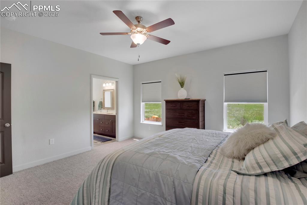 Image 15 of 25: Bedroom featuring light colored carpet, multiple windows, ceiling fan, and