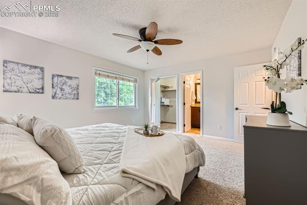 Image 16 of 28: Bedroom with carpet, a textured ceiling, a walk in closet, a ceiling fan, a