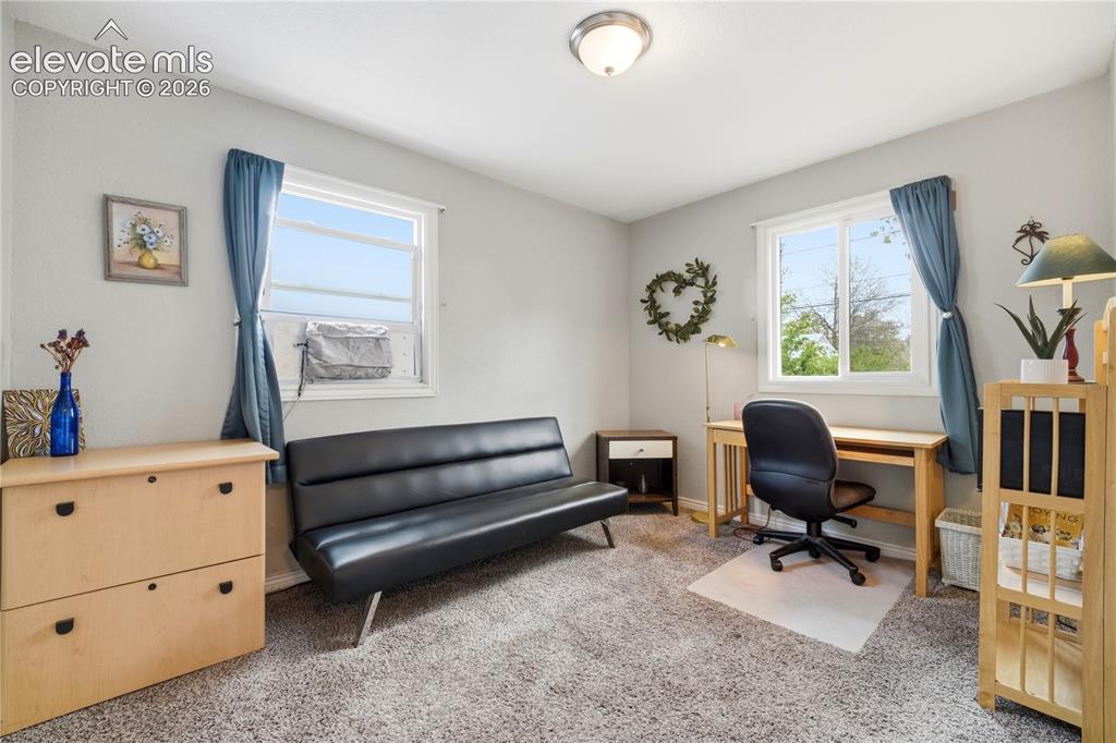 Image 11 of 22: Light gray wall paint, two windows, carpet flooring, and a flush mount ceil