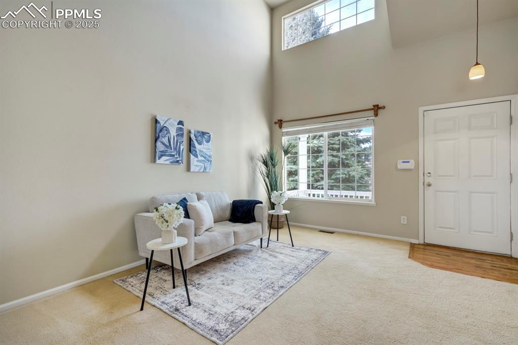 Image 13 of 24: Carpeted entrance foyer featuring plenty of natural light and a high ceilin